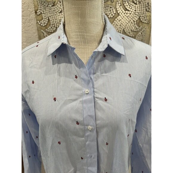 Zara Basic Blue & White Striped Button-Up Shirt With Red Floral Embroidery Size - Picture 2 of 5